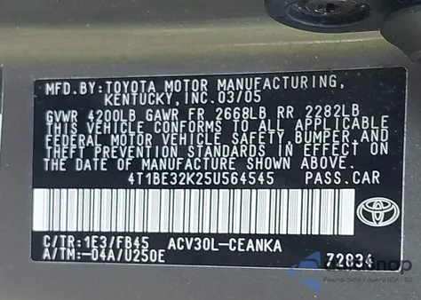 2005 Toyota Camry Le from USA, damaged, VIN 4T1BE32K25U564545